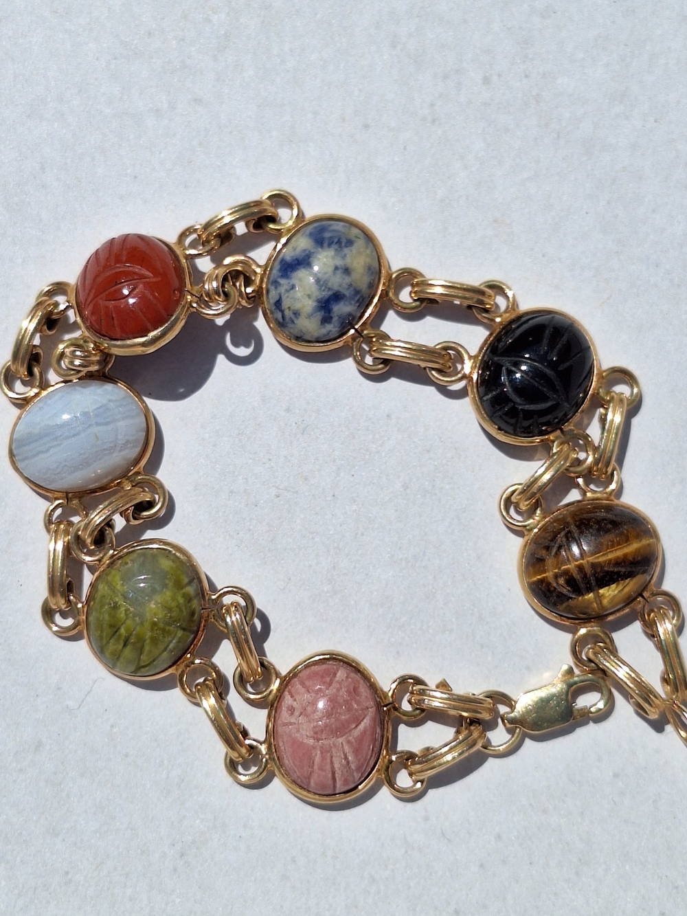 14K Gold Egyptian Revival Multi-Stone Scarab Link‎ Bracelet - Assorted Colors